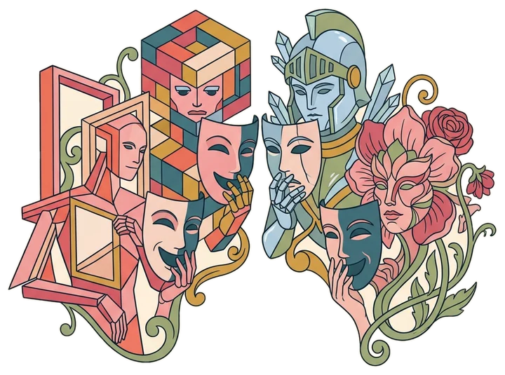 Four faces each holding the same theatrical mask
