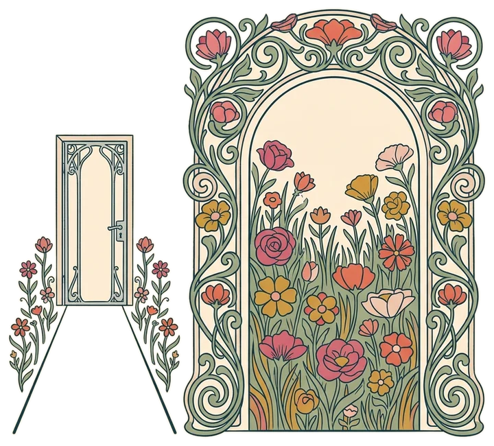 A narrow doorway beside a wide arch onto a meadow