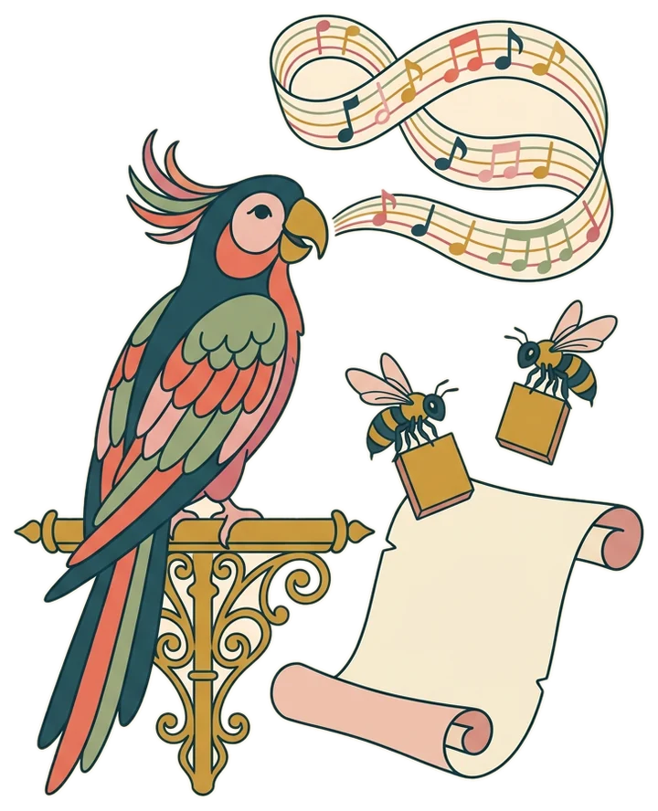 A parrot singing its own tune as bees carry away word tiles