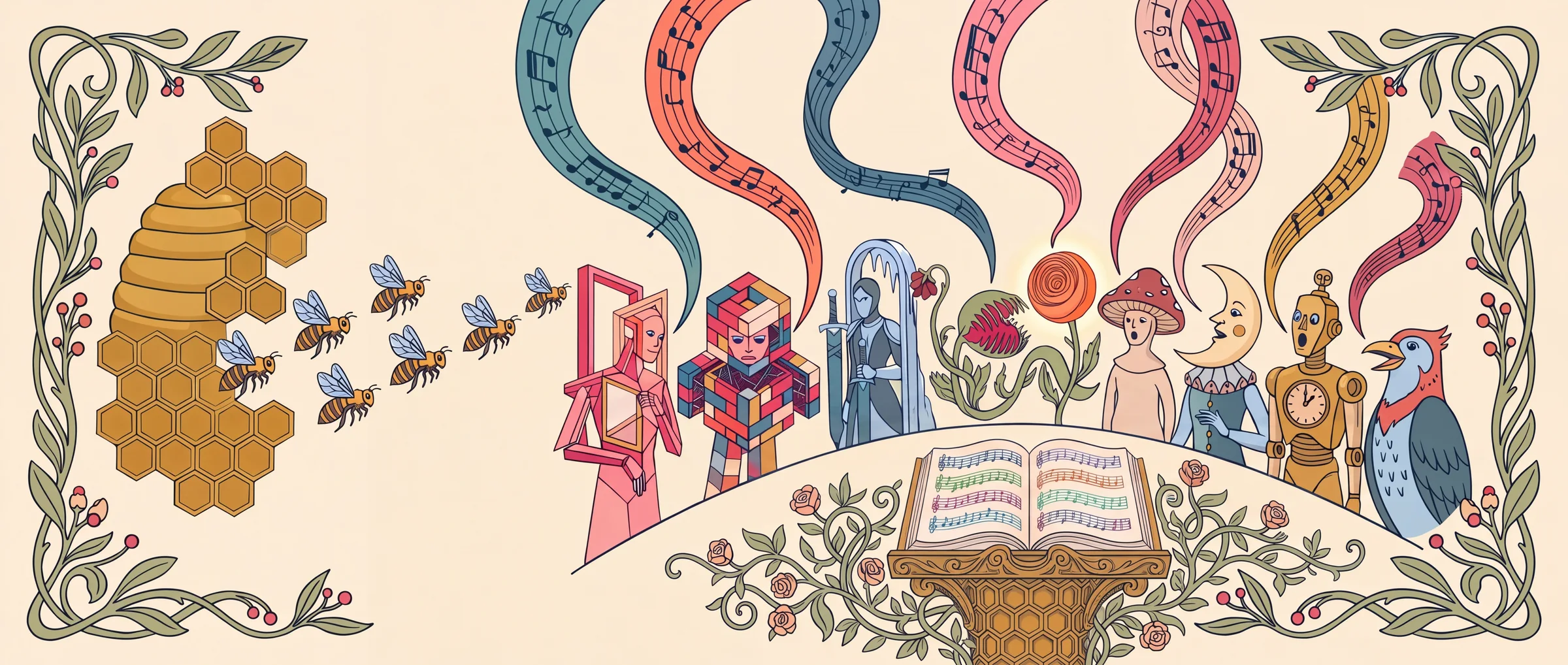 A golden beehive releases a line of identical bees that turn into a choir of nine very different singers gathered around an illuminated choir-book.