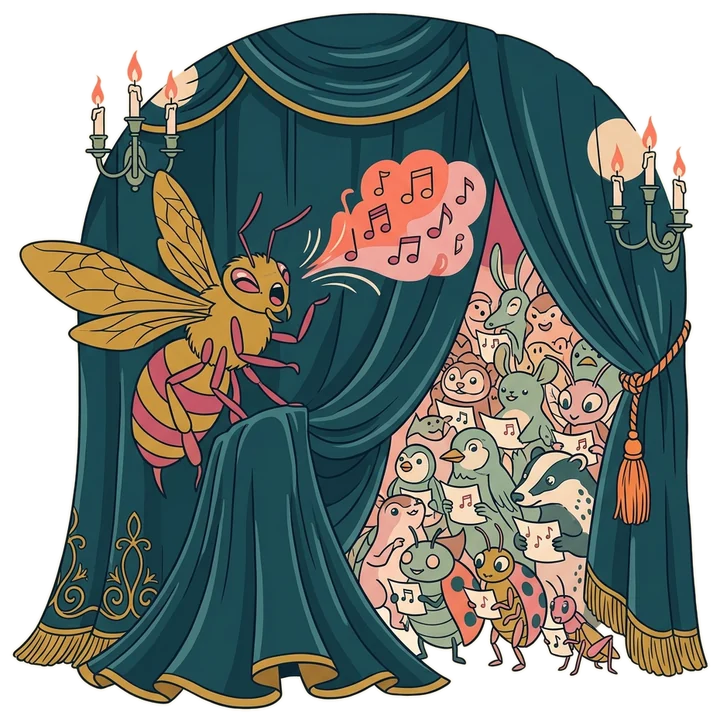 A loud golden bee on stage while other creatures wait behind the curtain