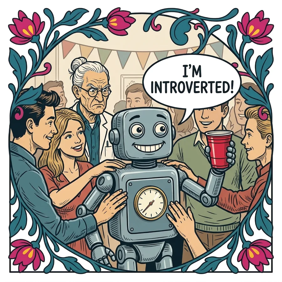 At a party, the robot, beaming, surrounded by people and holding a red cup, says: I'm introverted!