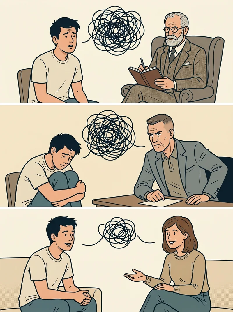 Three panels of the same young man with a tangled worry, meeting three different kinds of helper.