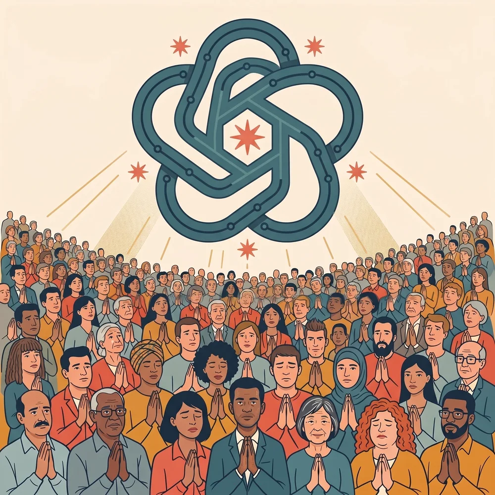A vast crowd of different people with hands pressed together, gazing up at one enormous glowing emblem.