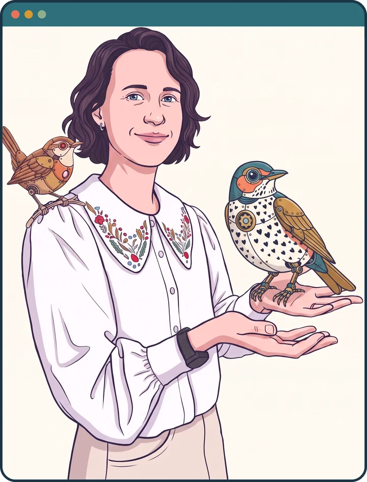 Illustrated portrait of Masha Tsfasman, a robot wren on her shoulder, holding a robot thrush out toward Ben